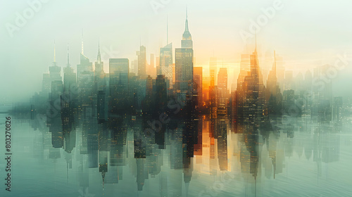 Soft, misty sunrise illuminating a cityscape, creating a serene reflection over water in a tranquil urban scene