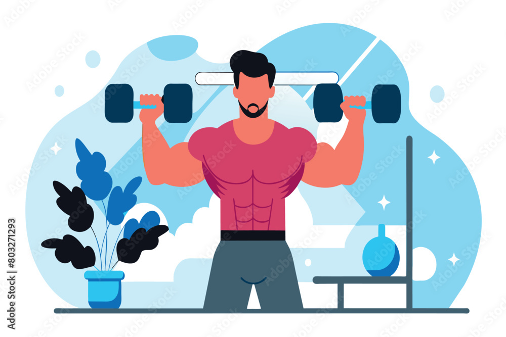Cartoon of a man lifting weights in a stylized home workout setting