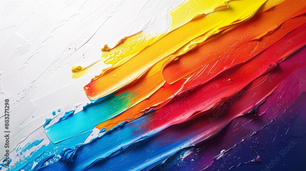 A painting of a rainbow with a blue stripe. The colors are bright and vibrant, creating a sense of energy and excitement. The painting is abstract