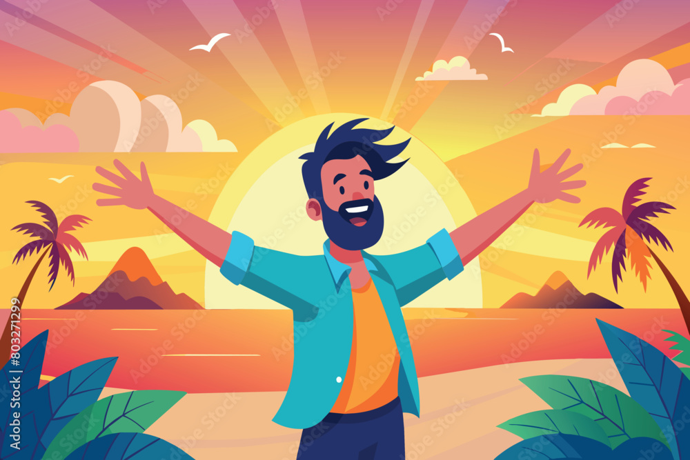Bearded man celebrating life at sunset with a vibrant beach backdrop