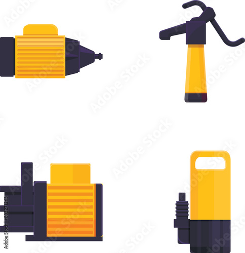 Various pump icons set cartoon vector. Water and liquid pumping. Technical equipment