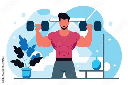 Cartoon of a man lifting weights in a stylized home workout setting