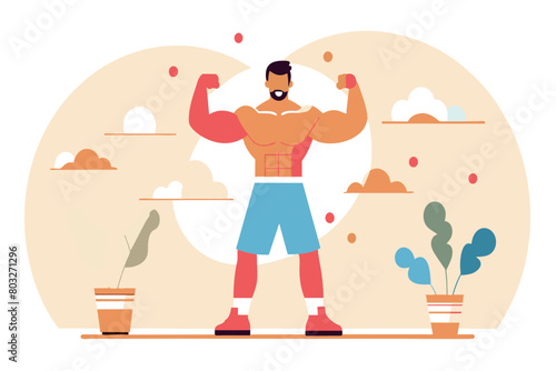 Animated strongman showcasing his strength with a flex pose indoors