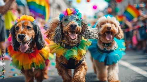 Three dogs are running down the street wearing colorful costumes. The dogs are wearing different colored outfits, and they are all smiling. The scene is lively and fun © Sasikharn