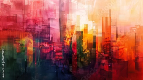 Vibrant abstract urban painting depicting a bustling cityscape with striking colors