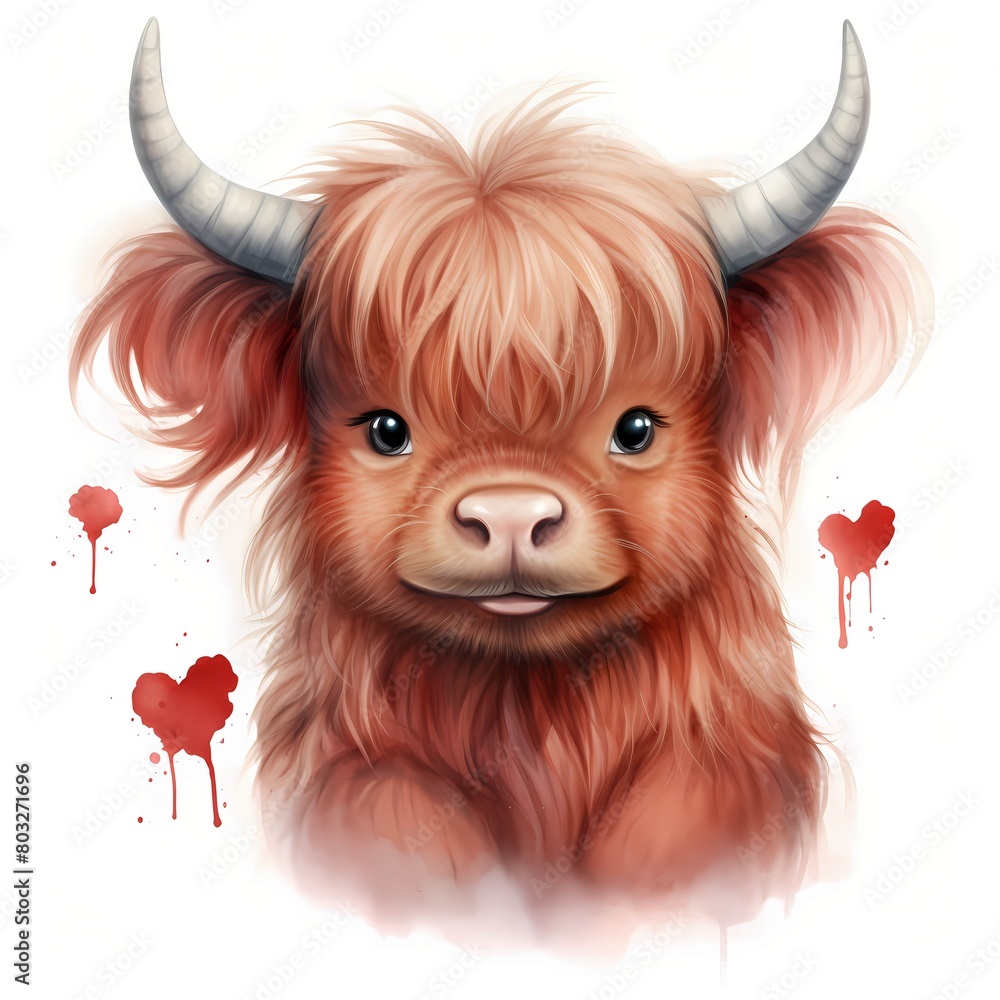 Baby highland cow. Cute baby cow clipart. Watercolor illustration. Generative AI. Detailed illustration.