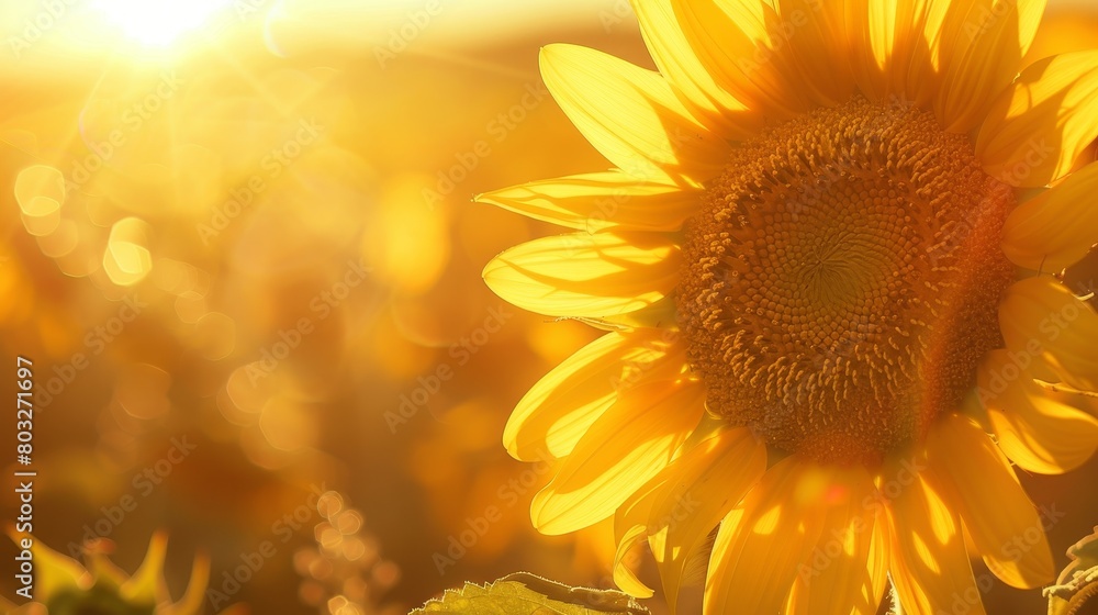 Fototapeta premium A beautiful sunflower is blooming in the field, with a bright yellow color