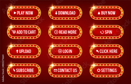 Buttons for websites. Red buttons in a yellow frame. Big set of vector buttons for web design.