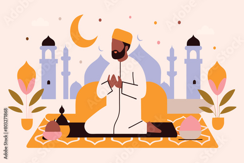 Cartoon of a man in traditional attire praying peacefully
