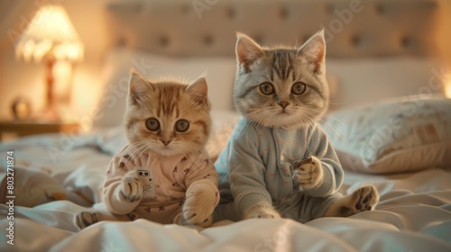Two cute shorthair kittens wearing pajamas and holding phones in their hands  sitting on the bed watching TV  