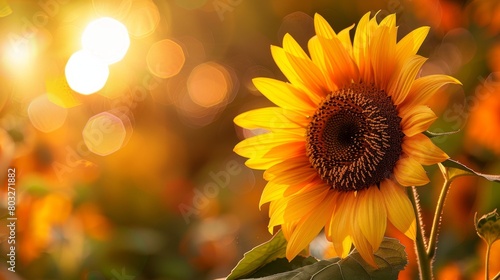 Beautiful sunflower in full bloom with bright yellow petals and a dark brown center © Suphakorn