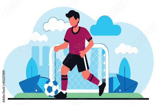 A man actively engaged in playing soccer on a green field