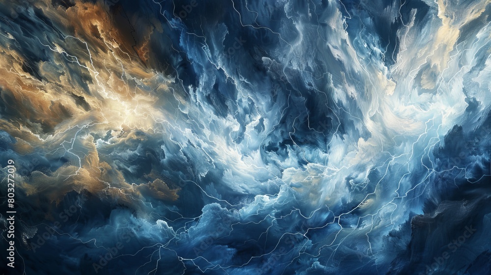 Vibrant abstract painting of a storm, capturing the dynamic interplay of blue and orange hues