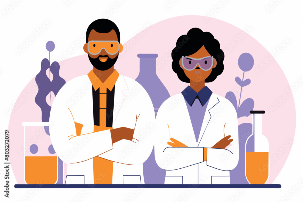Animated male and female scientists standing in a laboratory Animated male and female scientists standing in a laboratory