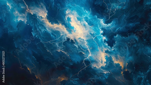 Vibrant abstract painting of a storm, capturing the dynamic interplay of blue and orange hues photo