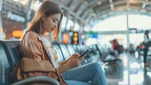 A young woman sits in an airport, looking at her phone.