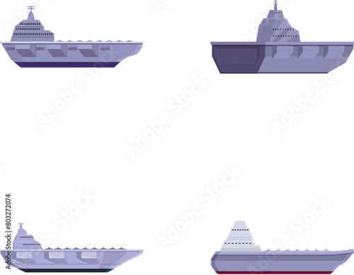 Warship icons set cartoon vector. Aircraft carrier with plane on board. Military ship