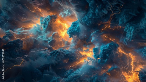 Vibrant abstract painting of a storm, capturing the dynamic interplay of blue and orange hues photo