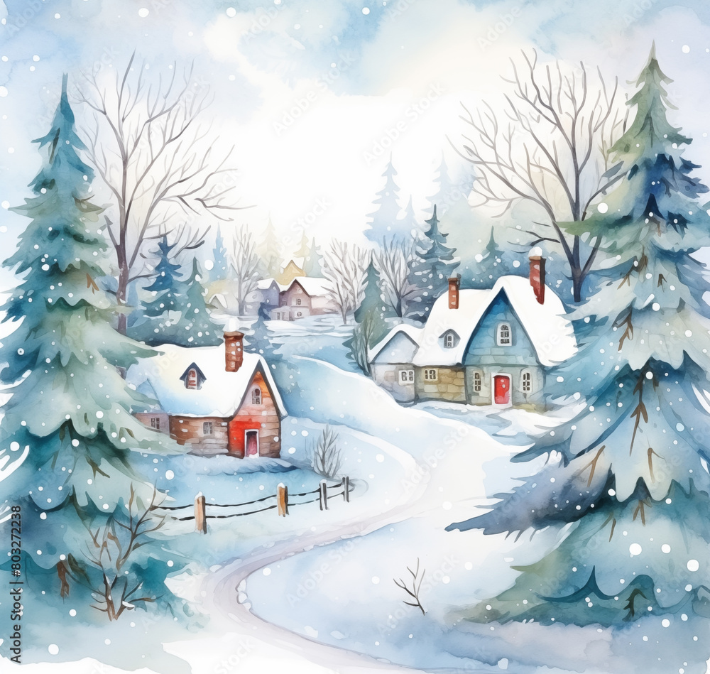 Watercolor winter village covered in snow between frosty trees