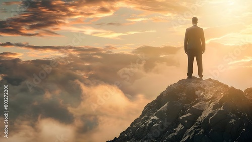 Successful businessman in suit conquers mountain peak symbolizing determination and ambition. Concept Business Success  Mountain Peak Achievement  Determination  Ambition  Suit Portrait