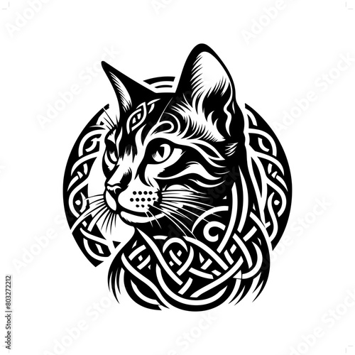 Bengal cat silhouette in animal celtic knot, irish, nordic illustration