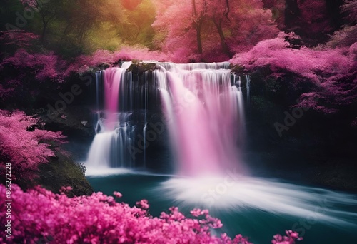 AI generated illustration of a waterfall cascading beside pink tree adorned with red flowers