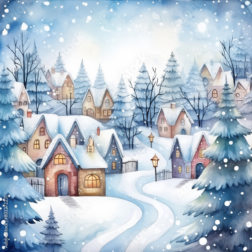 Watercolor winter village scene with snow-covered houses and trees, glowing warmly under a snowy sky. © Nataliia Pyzhova