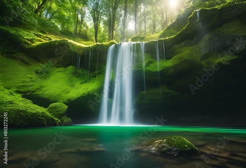 AI generated illustration of a lush waterfall scene with moss and verdant foliage