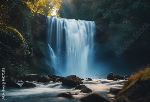 AI generated illustration of a massive waterfall cascades over rocks in lush jungle setting