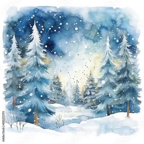 Watercolor winter scene featuring towering pine trees under a starry, snowy sky. © Nataliia Pyzhova