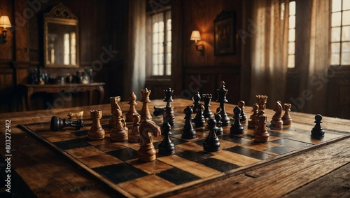 A chess board with wooden pieces