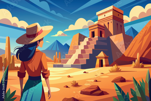 A lone adventurer studies a mysterious temple in a barren desert landscape
