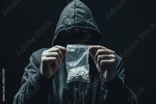 A man in a hoodie holding a bag of pills. Suitable for healthcare and addiction awareness concepts photo