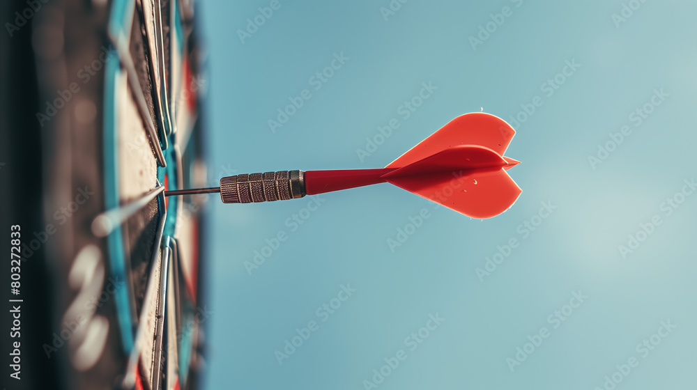 An orange dart firmly embedded in the bullseye of a dartboard against a clear blue sky background, depicting success and skill An orange dart firmly embedded in the bullseye of a dartboard against a clear blue sky background, depicting success and skill