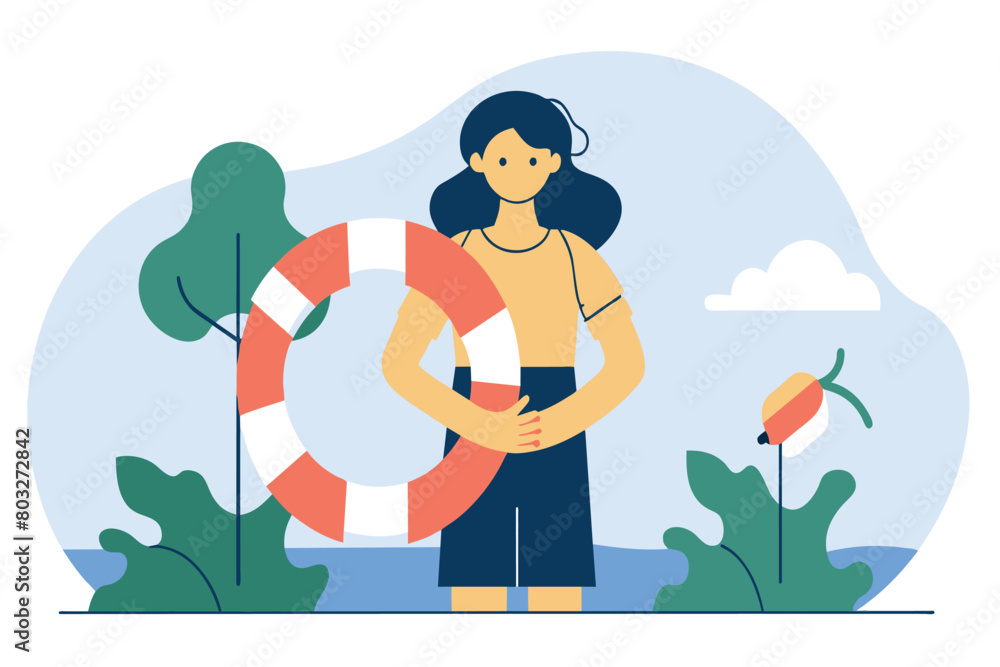 Woman with lifebuoy stands in a simplistic natural setting Woman with lifebuoy stands in a simplistic natural setting
