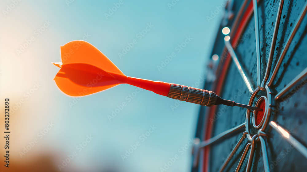 Perfectly aligned shot of an orange dart hitting the center of a dartboard, exemplifying precision and strategic success Perfectly aligned shot of an orange dart hitting the center of a dartboard, exemplifying precision and strategic success