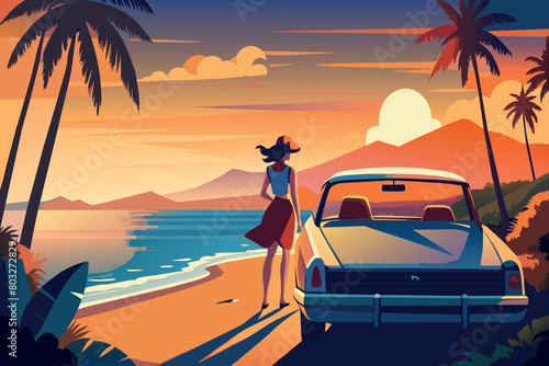 Lady in a hat by her car admires the sunset on a serene beach