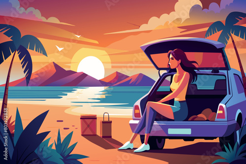 Woman sitting in car trunk, enjoying a scenic beach sunset