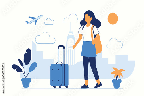 A woman walking with a backpack and suitcase in hand