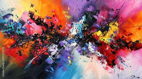 Colorful abstract painting depicting a vibrant clash of shades and shapes