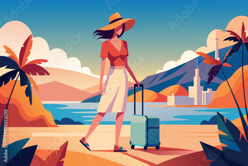A woman standing on a sandy tropical beach, holding a suitcase in her hand