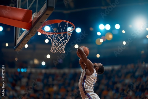 Slam dunk by a basketball player in blue photo