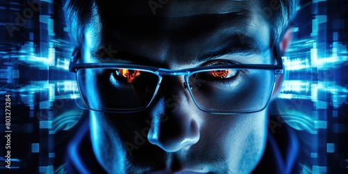 A man with glasses is looking into a computer monitor. Concept of curiosity and intrigue, as the viewer is drawn to the man's gaze and the technology he is interacting with