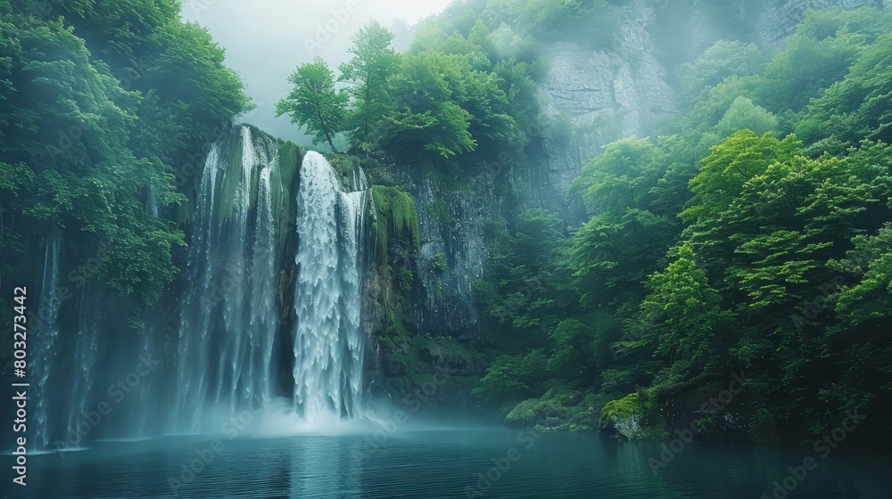 A waterfall is surrounded by trees and a body of water. The scene is peaceful and serene