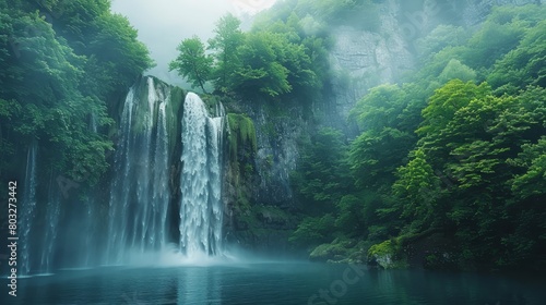 A waterfall is surrounded by trees and a body of water. The scene is peaceful and serene