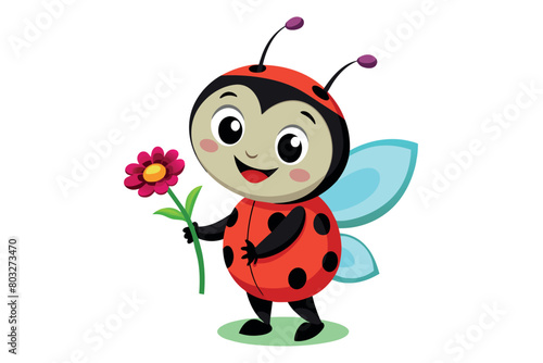 A cheerful cartoon ladybug with a pink flower on a white background