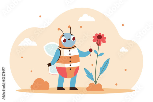 Cartoon bee with a flower on a simple  pastel background