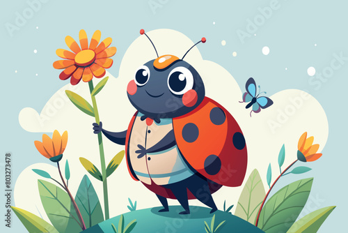 A cute ladybug character with a big flower stands in a lush meadow