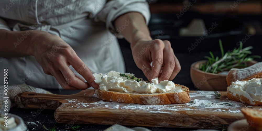 A person spreading cheese on a piece of bread. Ideal for food and cooking concepts