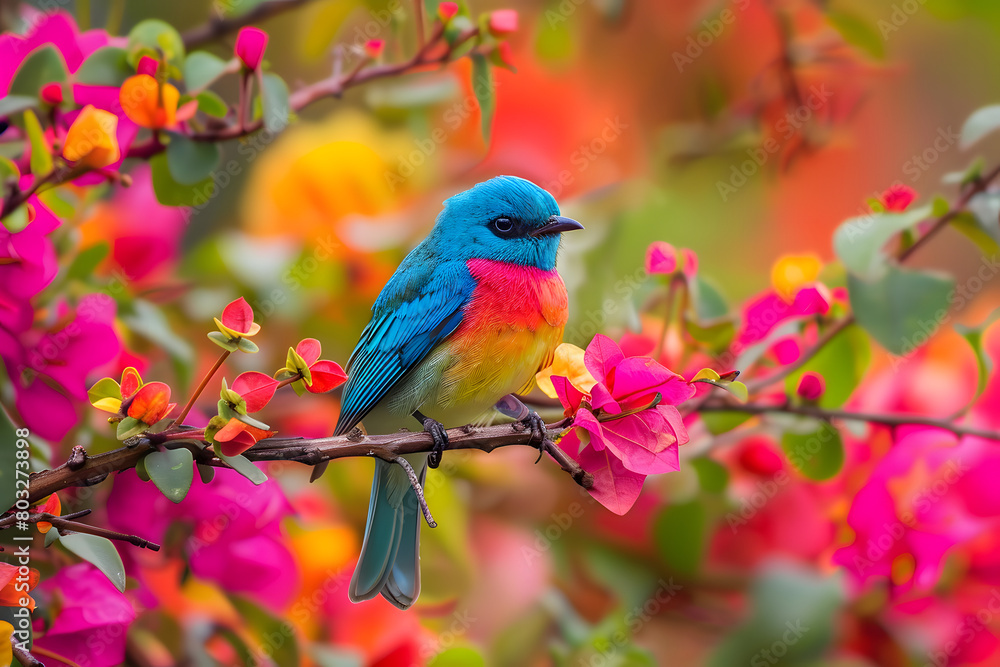 Fototapeta premium Colorful bird on a branch. Generated with AI.